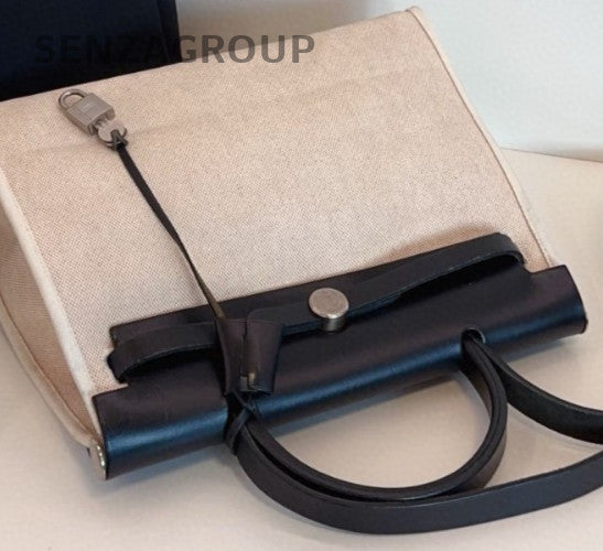 Hermes Herbag Canvas Top Handle Bag Crossbody White Black Women Classic Vintage