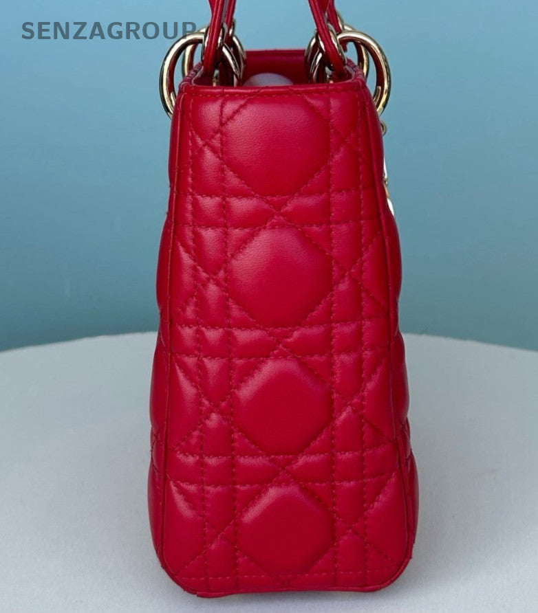 Christian Dior Lady Dior 2Way Top Handle Bag Crossbody Red Gold Women Classic
