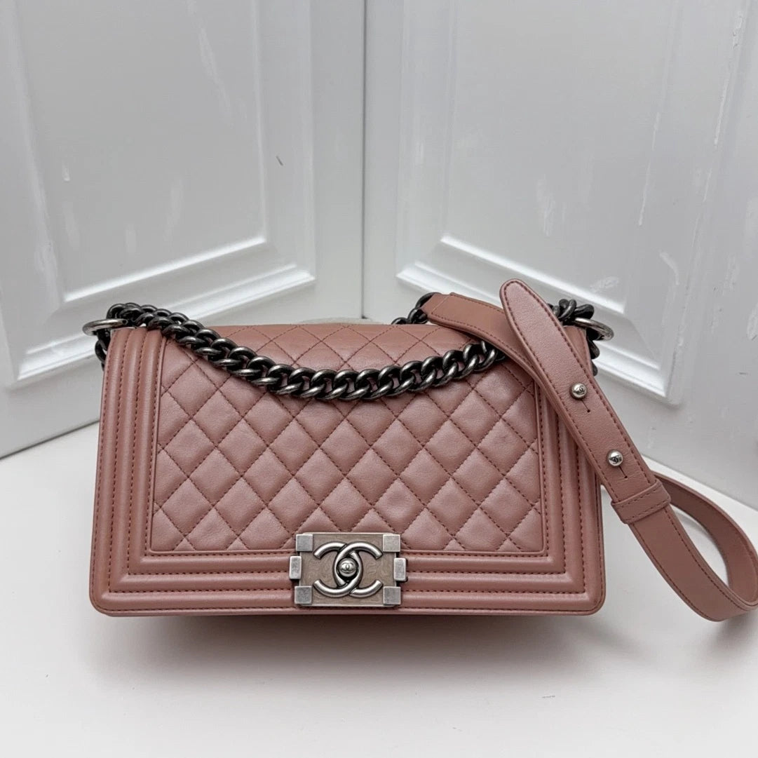 Chanel Leboy MM Chain Crossbody Diamond Pink Silver Hardware Excellent