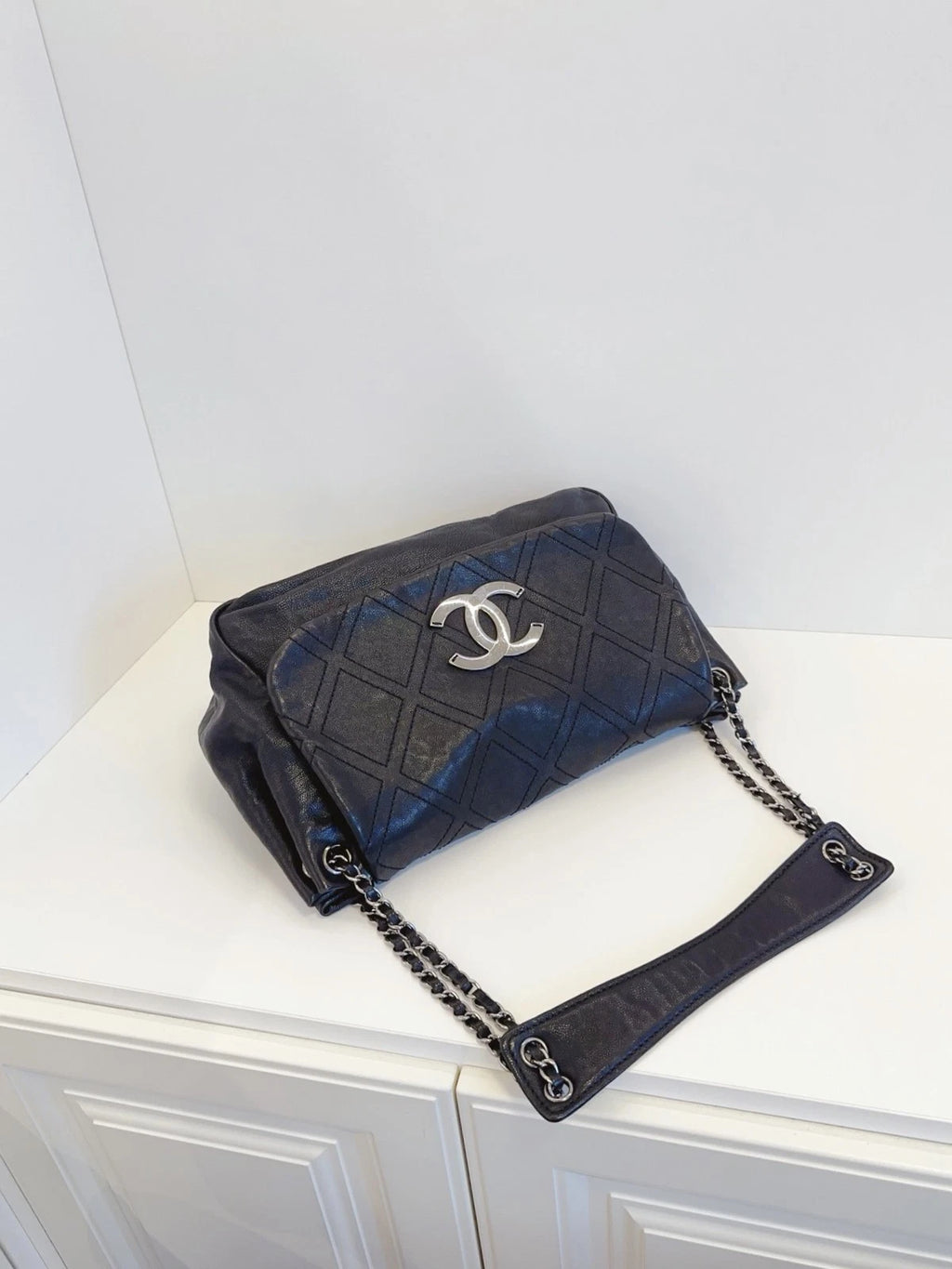 Chanel Airport Series Hobo Flap Shoulder Bag Black Silver