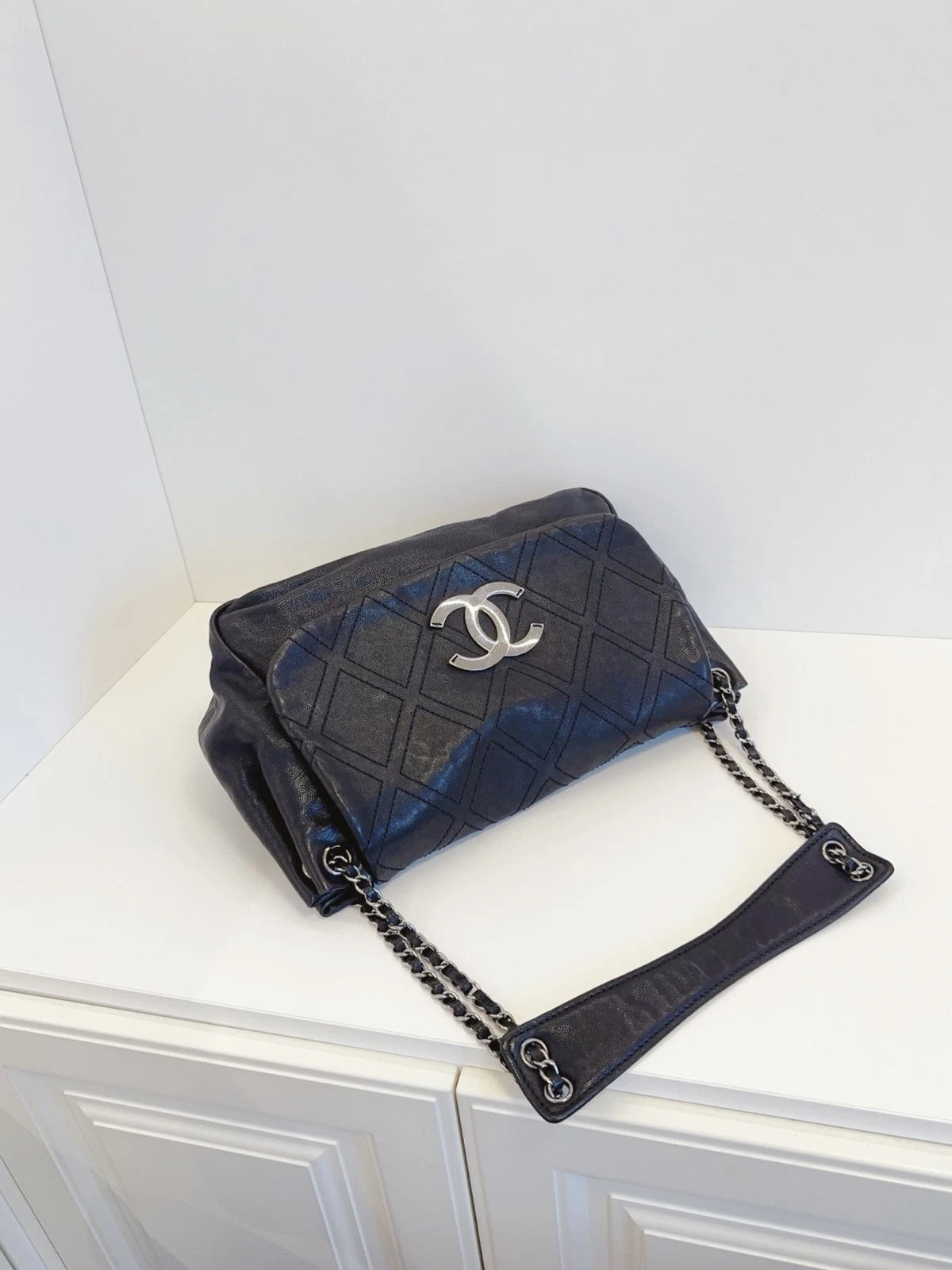 Chanel Airport Series Hobo Flap Shoulder Bag Black Silver