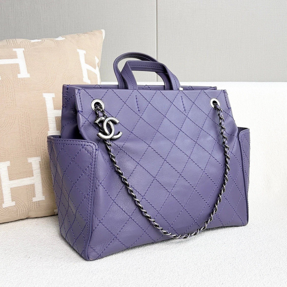 Chanel Diamond Calfskin Tote Chain Top Handle Shoulder Bag Purple Silver Women