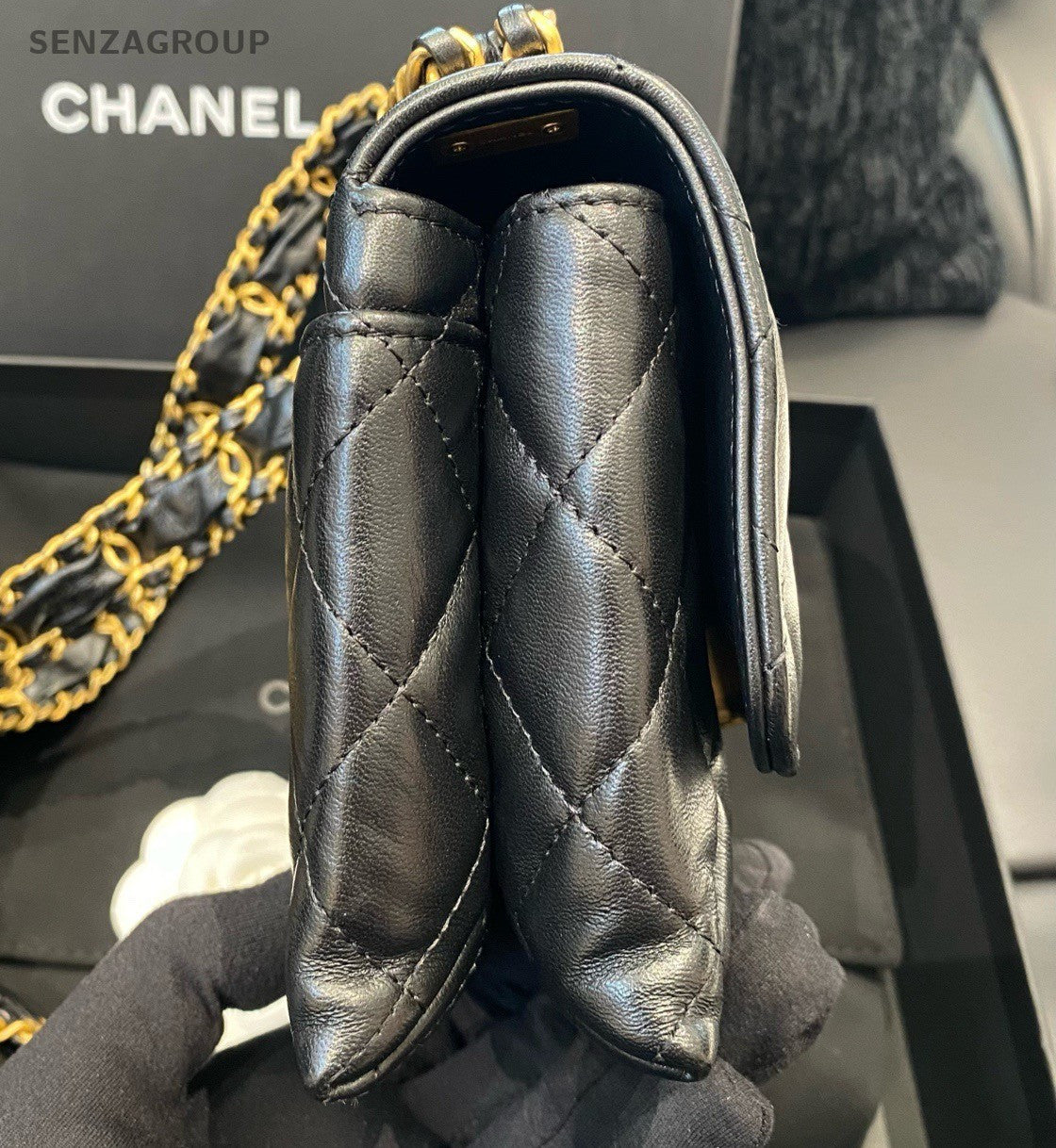 Chanel 19Bag Calfskin Chain Shoulder Bag Crossbody Black Gold Women Classic