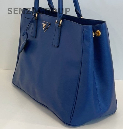 Prada Calfskin Top Handle Bag Blue Gold Used Women Classic Designer