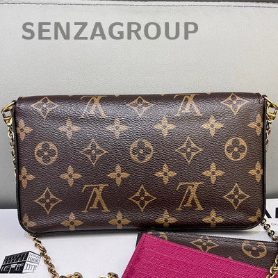 LV Monogram Chain Shoulder Crossbody Bag Brown Red Gold Classic Women