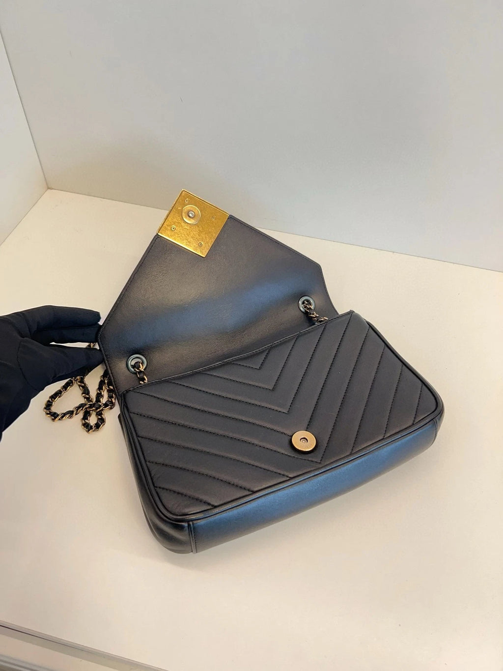 CHANEL Black Gold V-stitch Double C Flap Chain Bag For Women