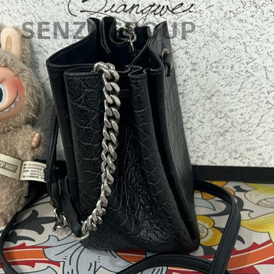 YSL Saint Laurent Black Silver Fringe Drawstring Bucket Bag Chain Crossbody