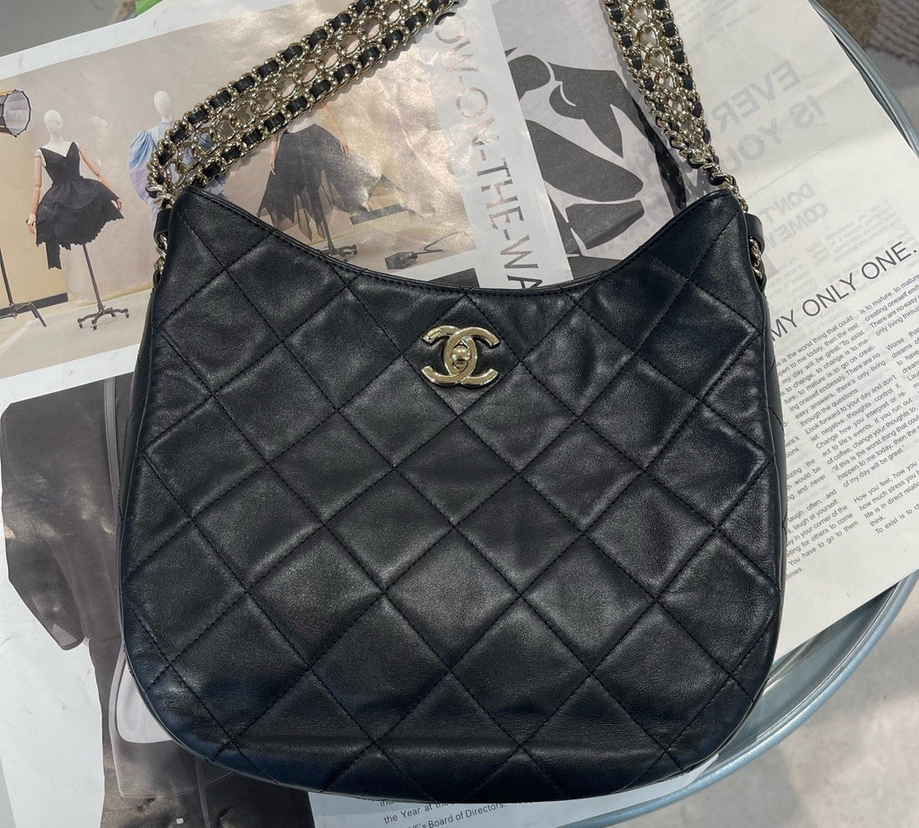Chanel Hobo Diamond Lambskin Chain Top Handle Shoulder Bag Black Gold Women