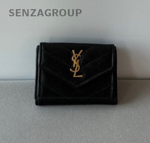 YSL Saint Laurent Caviar Leather Tri-fold Envelope Wallet Clutch Women Black
