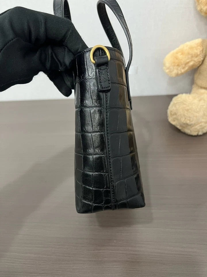 YSL Black Gold Crocodile Embossed Mini Tote Bag For Women