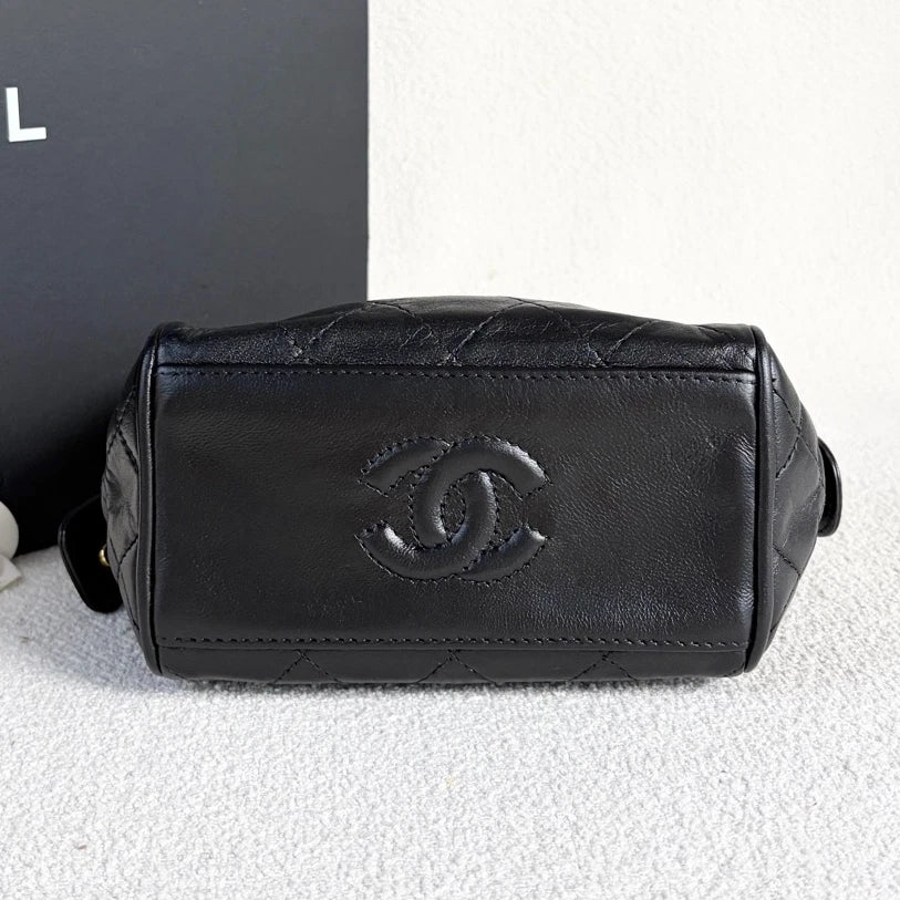 Chanel Calfskin Chain Shoulder Bag Black Gold Diamond Women Classic Vintage