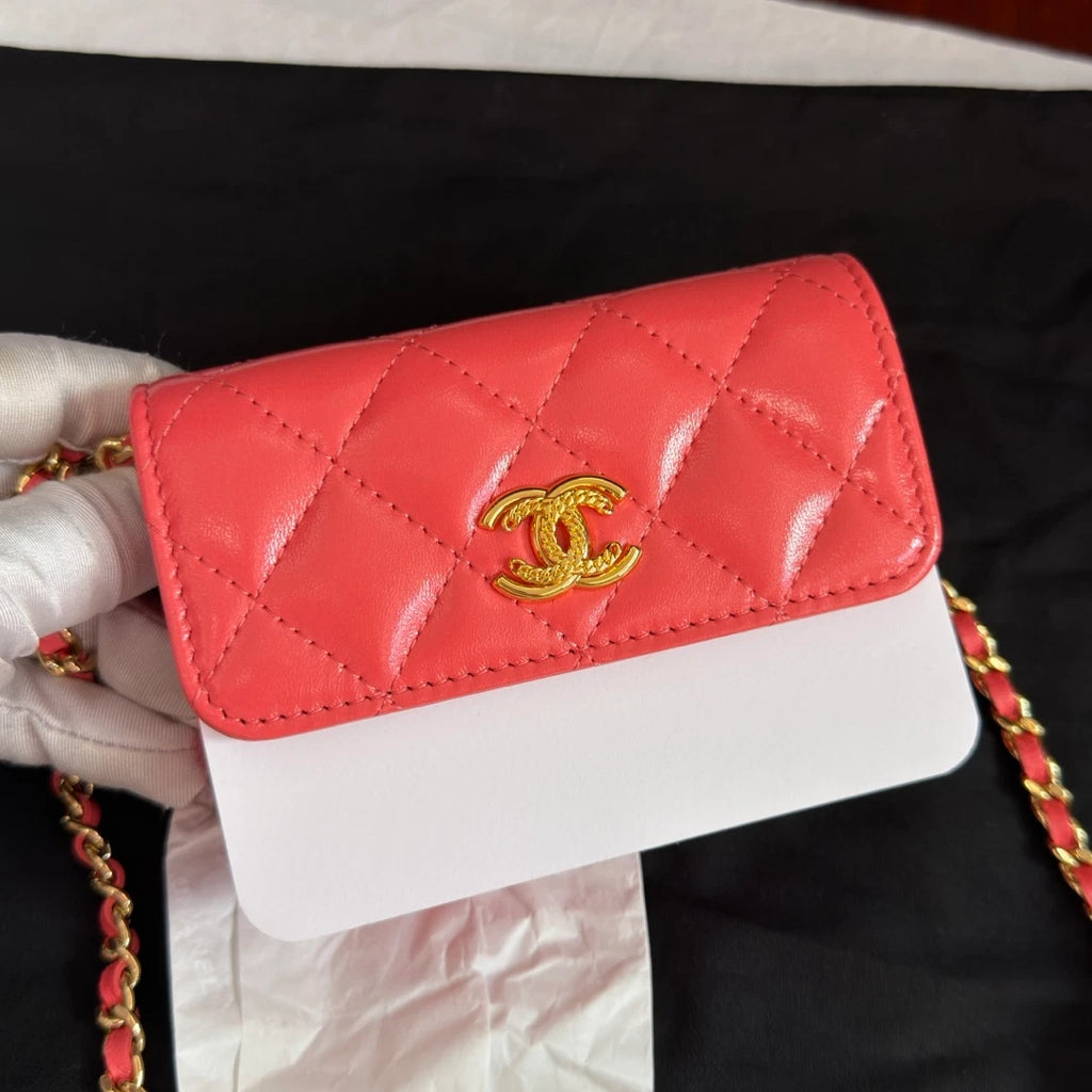 New Chanel VIC Calfskin Pink Chain Crossbody Diamond with Dust Bag