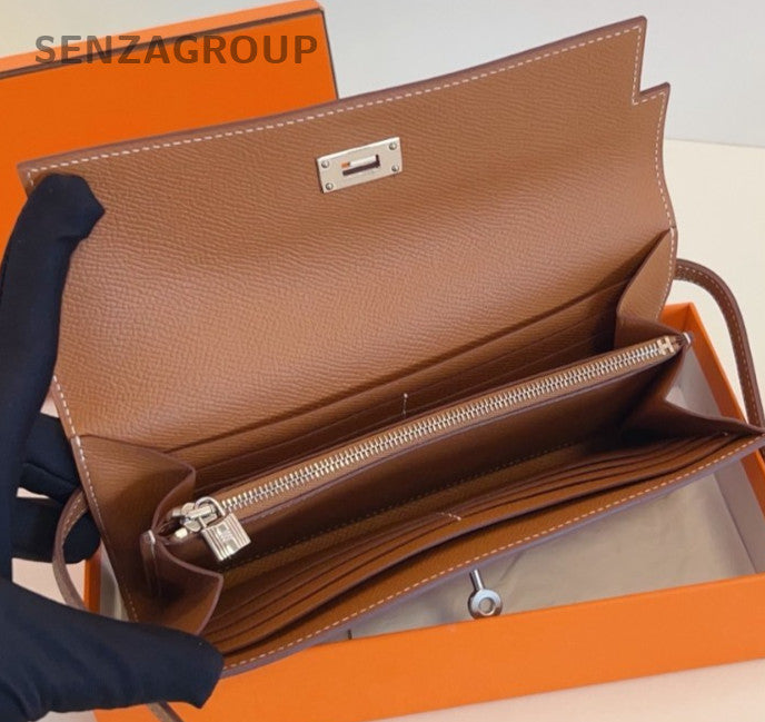 Hermes kelly Epsom Leather long Wallet Crossbody Brown Silver Women