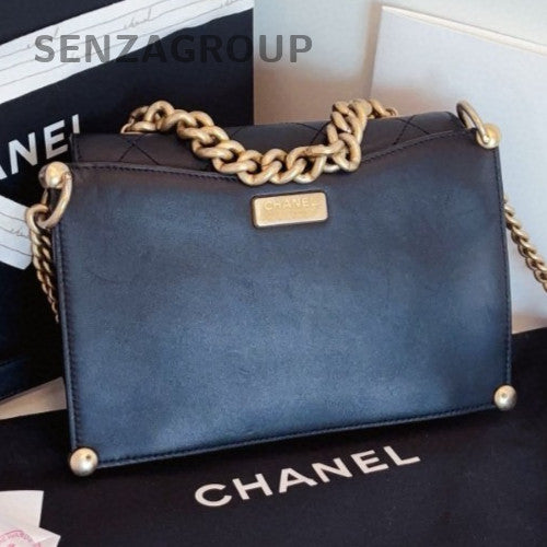 Chanel Cuba Calfskin Chain Top Handle Bag Crossbody Black Gold Women Classic