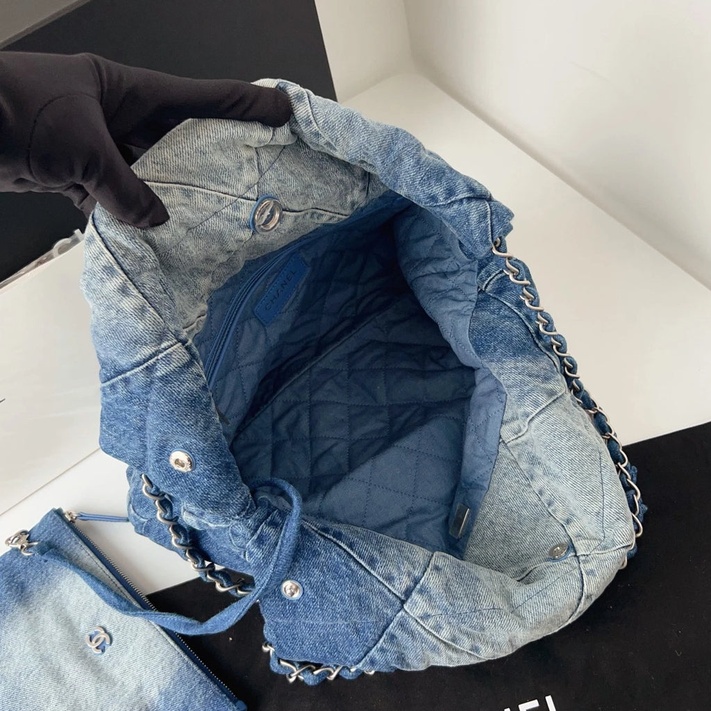 Excellent Chanel 22Bag PM Blue Denim Silver Chain Shoulder Bag Crossbody