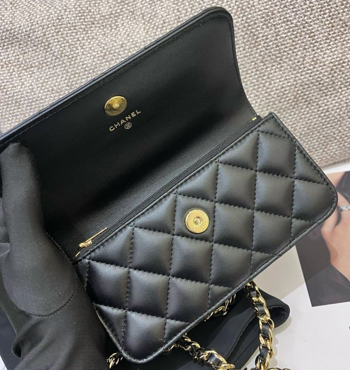 Chanel Diamond Lambskin WOC Chain Top Handle Bag Crossbody Black Gold Women