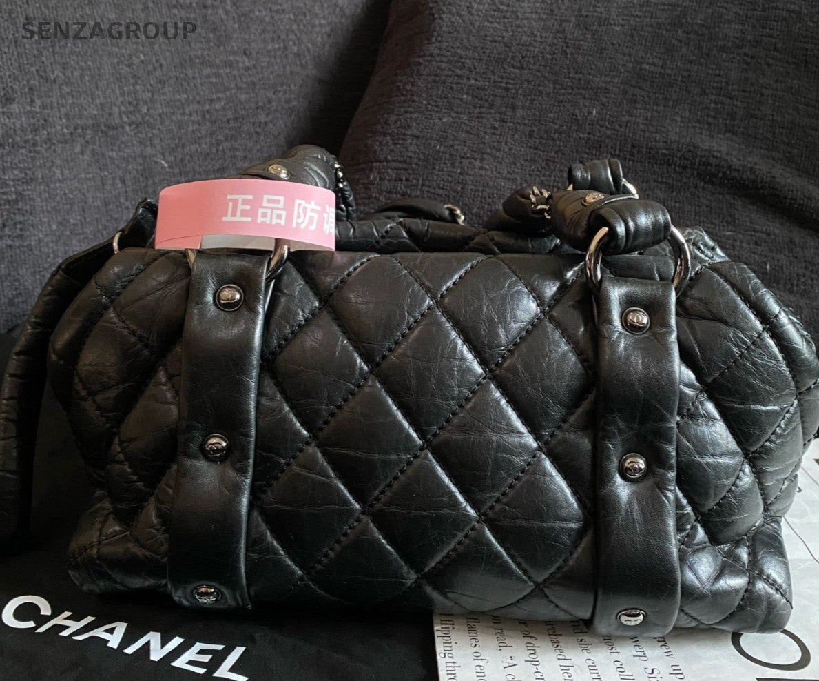 Chanel Diamond Bowling Top Handle Bag Black Silver Women Classic
