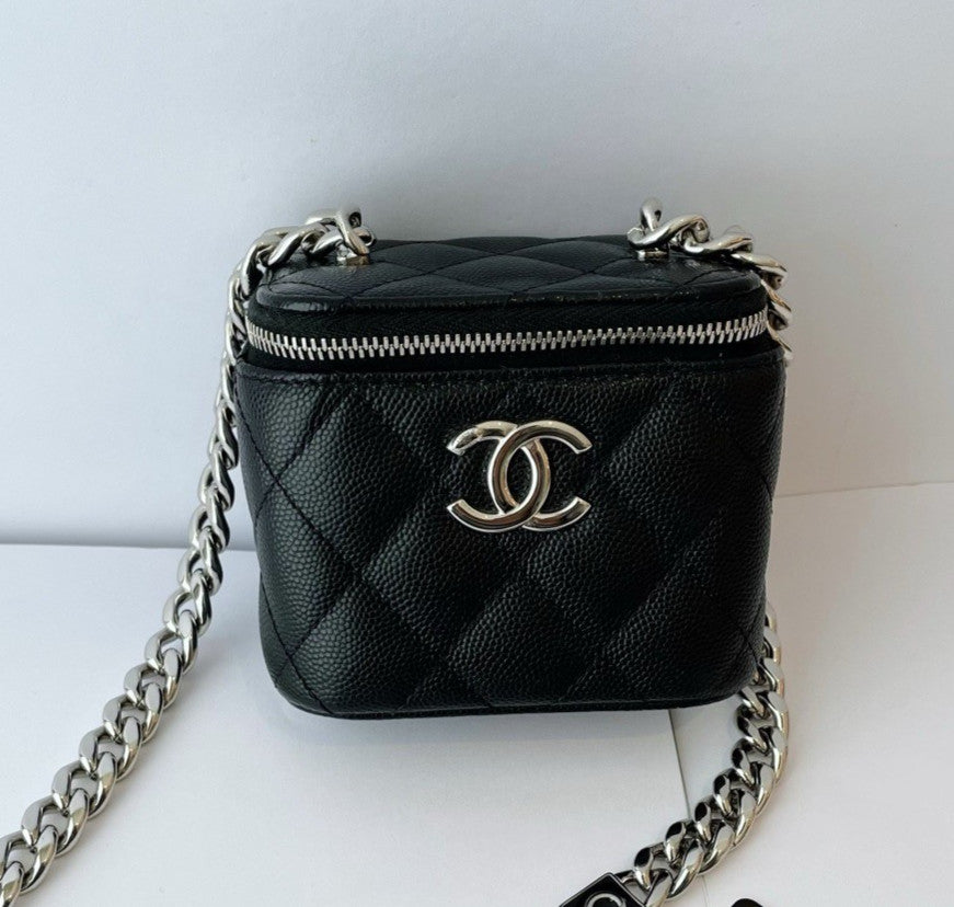 Chanel Vanity Case Mini Calfskin Chain Shoulder Bag Crossbody Black Silver Women