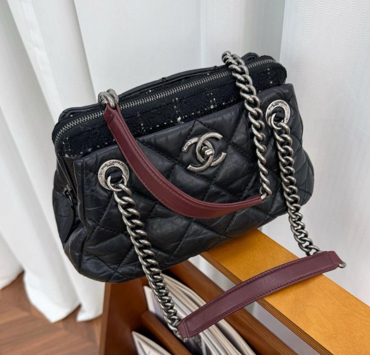 Chanel Bolide Diamond Chain Shoulder Bag Black Silver Used Women Classic