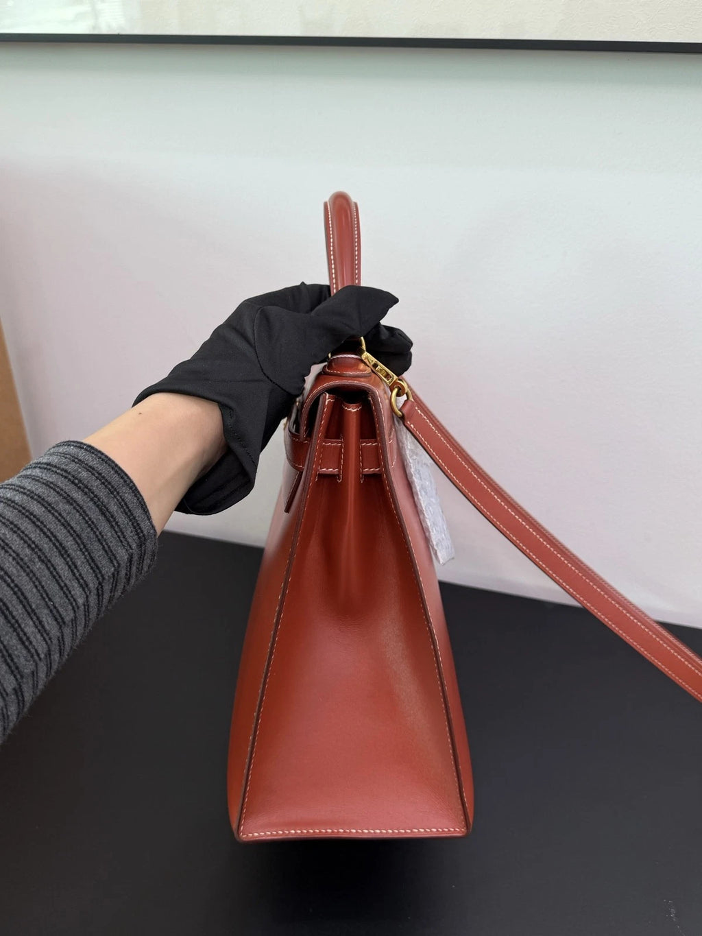 Hermes Kelly32 Top Handle Bag Crossbody Brown Gold Classic Fashion Women