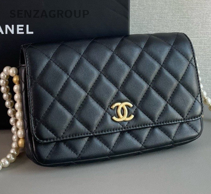 Chanel WOC Pearl Chain Shoulder Bag Crossbody Black Gold Women Designer Classic
