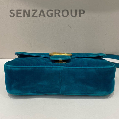Gucci Marmont 26 Velvet Chain Shoulder Bag Blue Gold Hardware