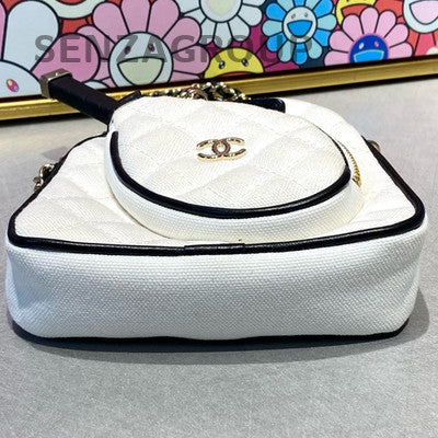 Chanel Mini White Gold Canvas & Calfskin Chain Shoulder Crossbody Clutch Bag