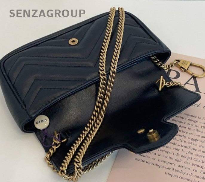 Gucci Marmont Super Mini Chain Shoulder Bag Crossbody Black Gold Women Classic