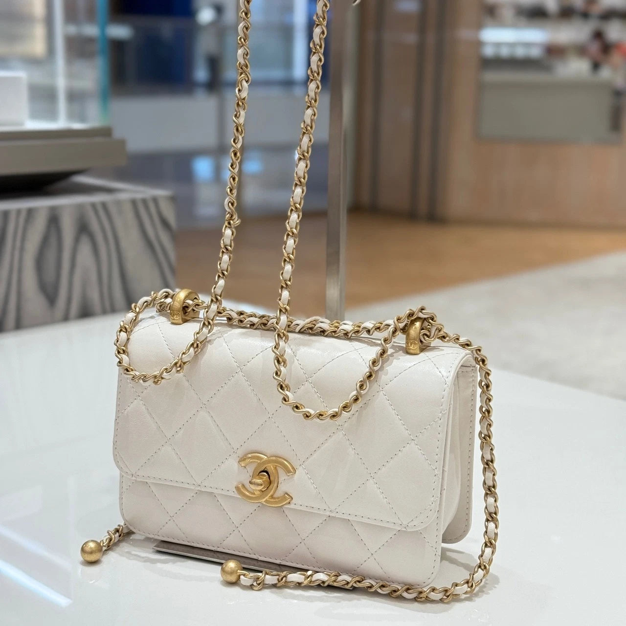 CHANEL White Leather Double Gold Ball Flap Shoulder Bag For Women