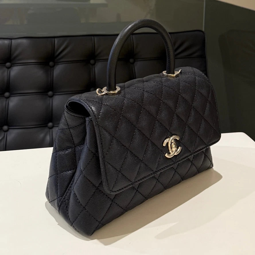 Chanel Coco Handle Quilted Chain Shoulder Bag Black Gold Women