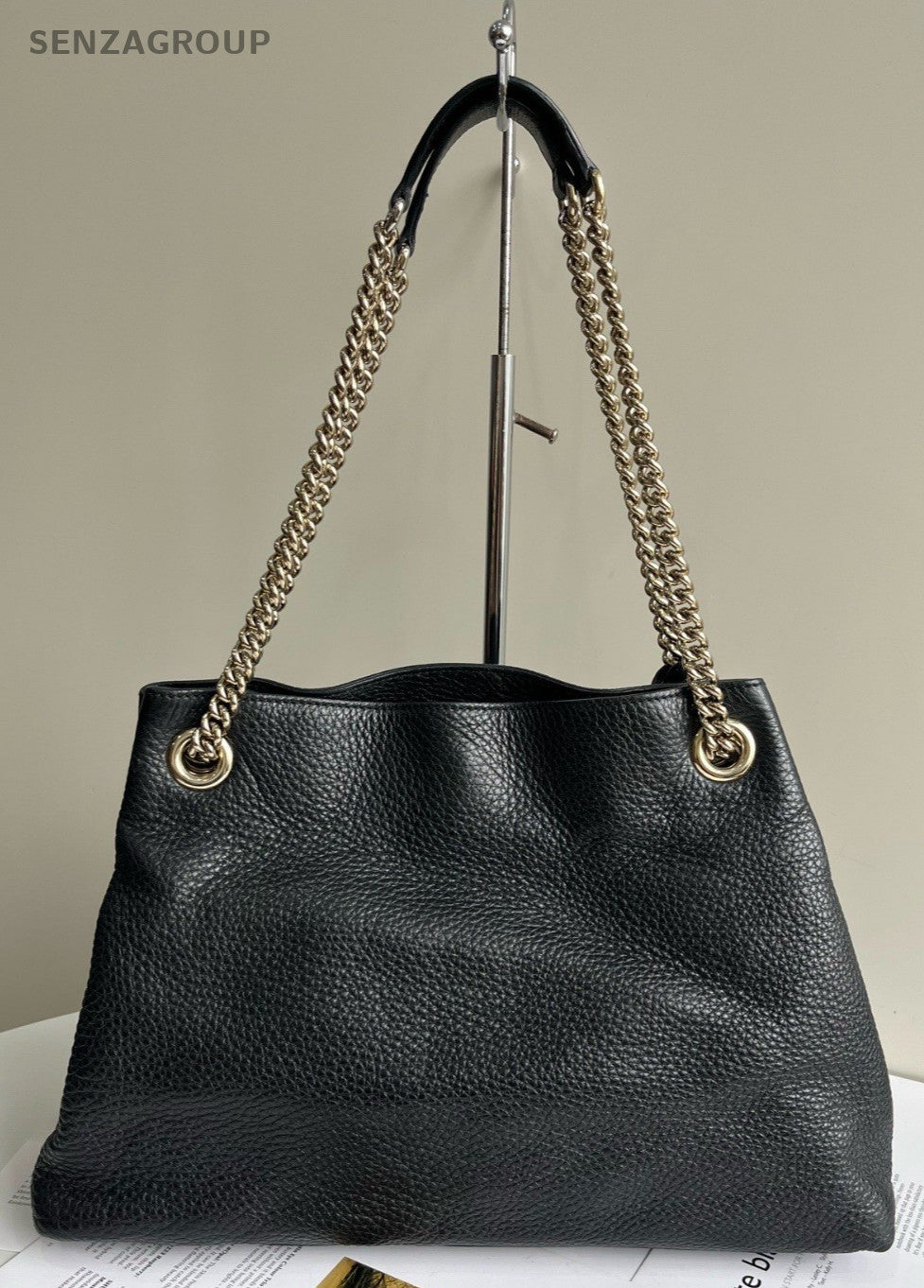 GUCCI SOHO GG Logo All Leather Chain Shoulder bag Black Women
