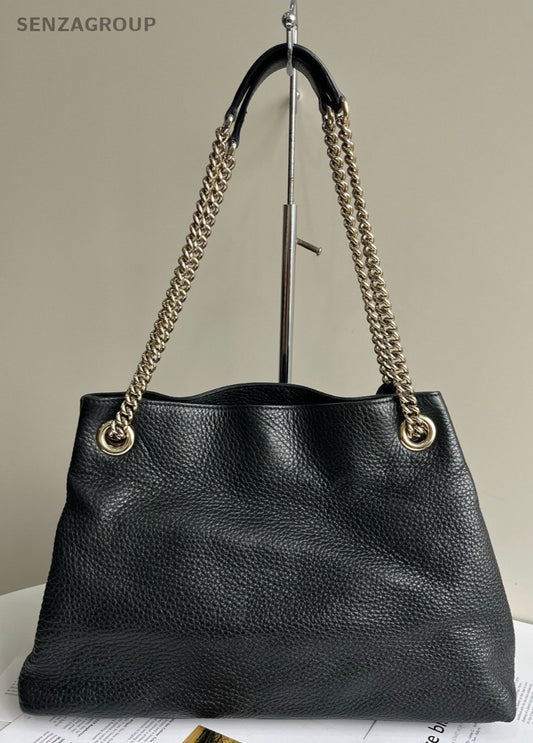 GUCCI SOHO GG Logo All Leather Chain Shoulder bag Black Women