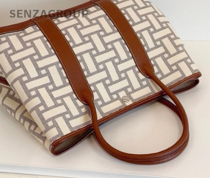 Hermes Garden Party36 Canvas Top Handle Bag White Brown Silver Women Classic
