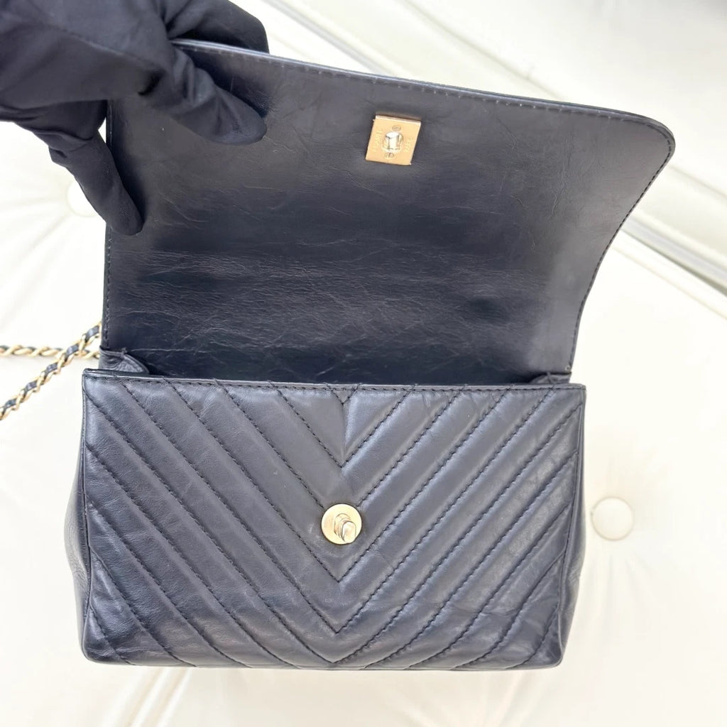 Chanel Calfskin Chevron Chain Crossbody Top Handle Bag Black Gold Women S