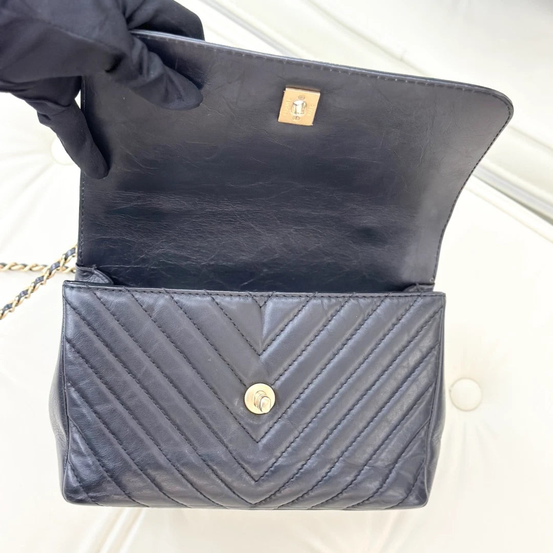 Chanel Calfskin Chevron Chain Crossbody Top Handle Bag Black Gold Women S