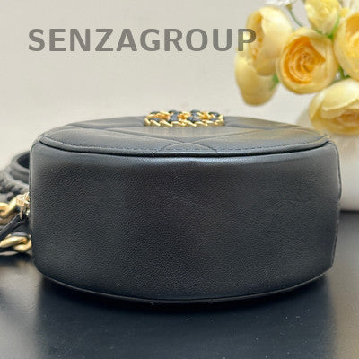 Chanel Black Gold Small Round Quilted Chain Crossbody Bag Classic Fashion