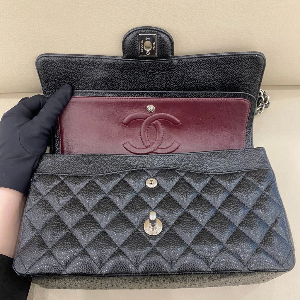 Chanel Classic Flap MM Calfskin Chain Shoulder Crossbody Black Silver Women