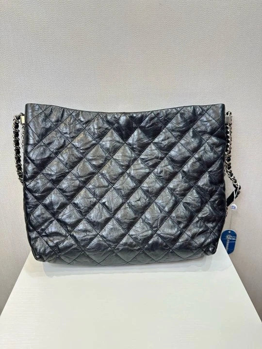 CHANEL Black Silver Oil Wax Leather Hobo Shoulder Bag For Women