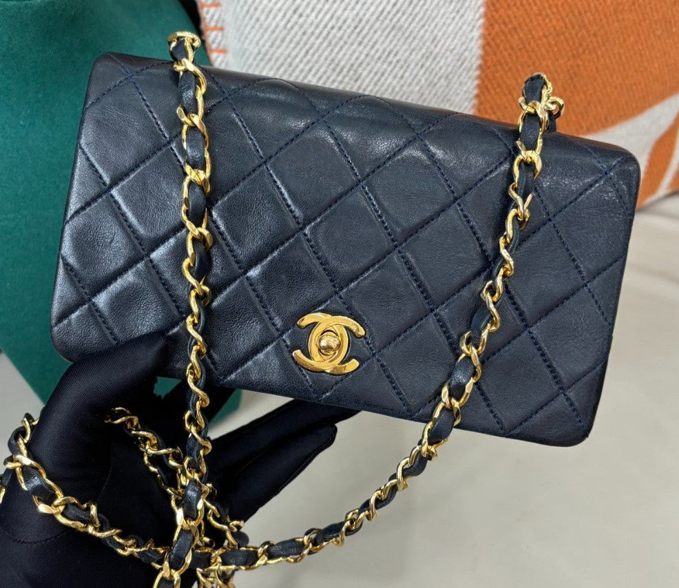 Chanel Lambskin Chain Shoulder Bag Crossbody Blue Gold Women Classic