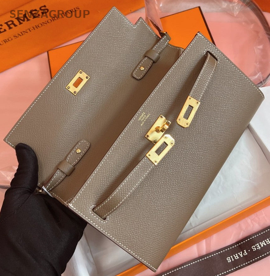 Hermes KellyToGo 2Way Clutch Shoulder Bag Gray Gold Women Classic Fashion