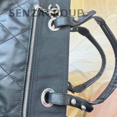 Chanel Classic Black Silver Quilted Tote Beach Shoulder Bag Women