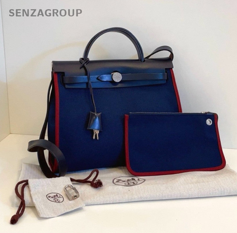 Hermes Herbag31 Top Handle Canvas Iris blue 2way Shoulder Handbag Women Classic