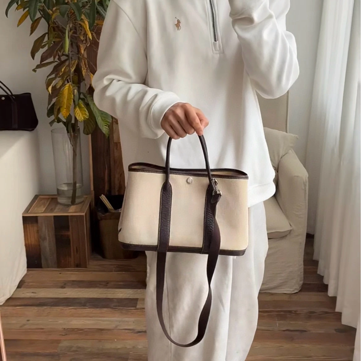 Hermes Garden Party30 Top Handle Shoulder Bag White Brown Silver Women Classic