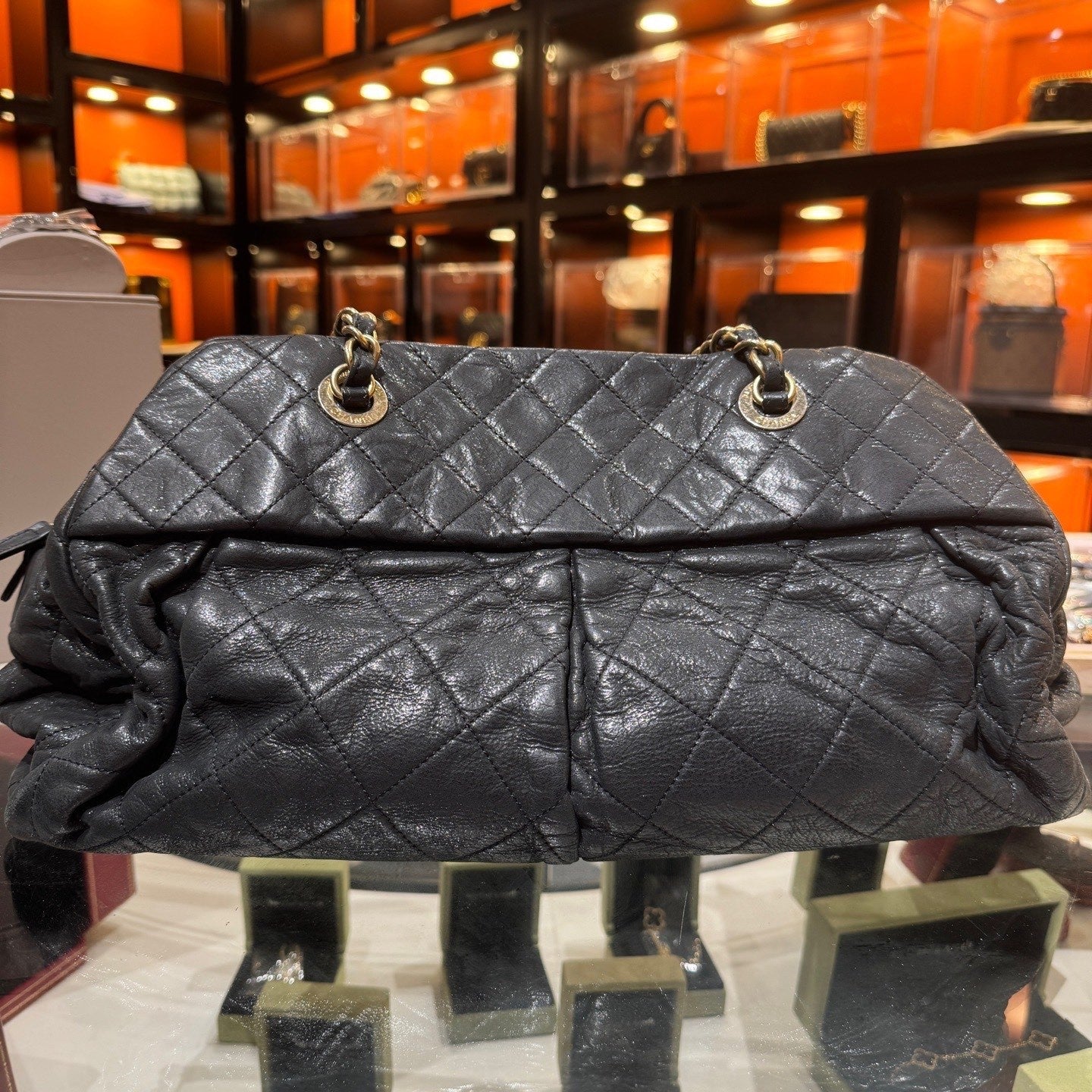 CHANEL Bowling Vintage Tote Calfskin Chain Shoulder bag Black Gold Women