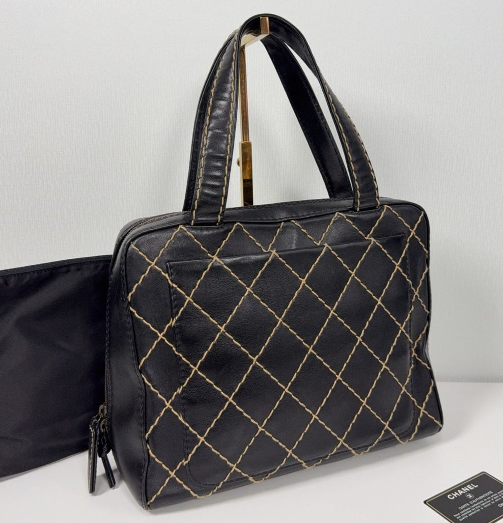 Chanel Diamond Vintage Top Handle Bag Black Silver Used Women Classic
