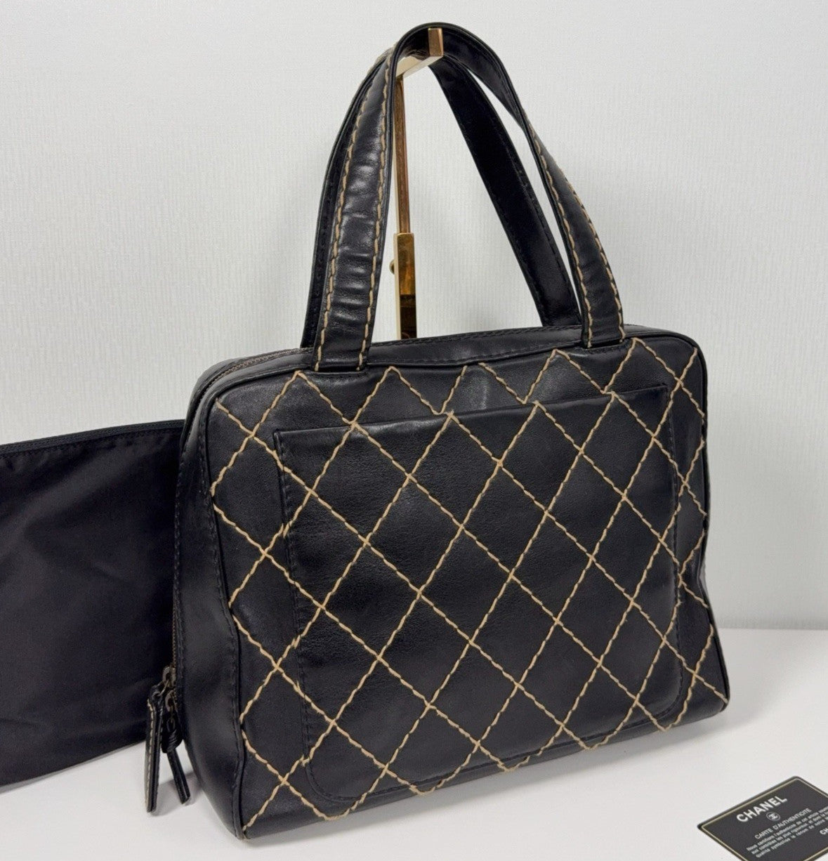 Chanel Diamond Vintage Top Handle Bag Black Silver Used Women Classic