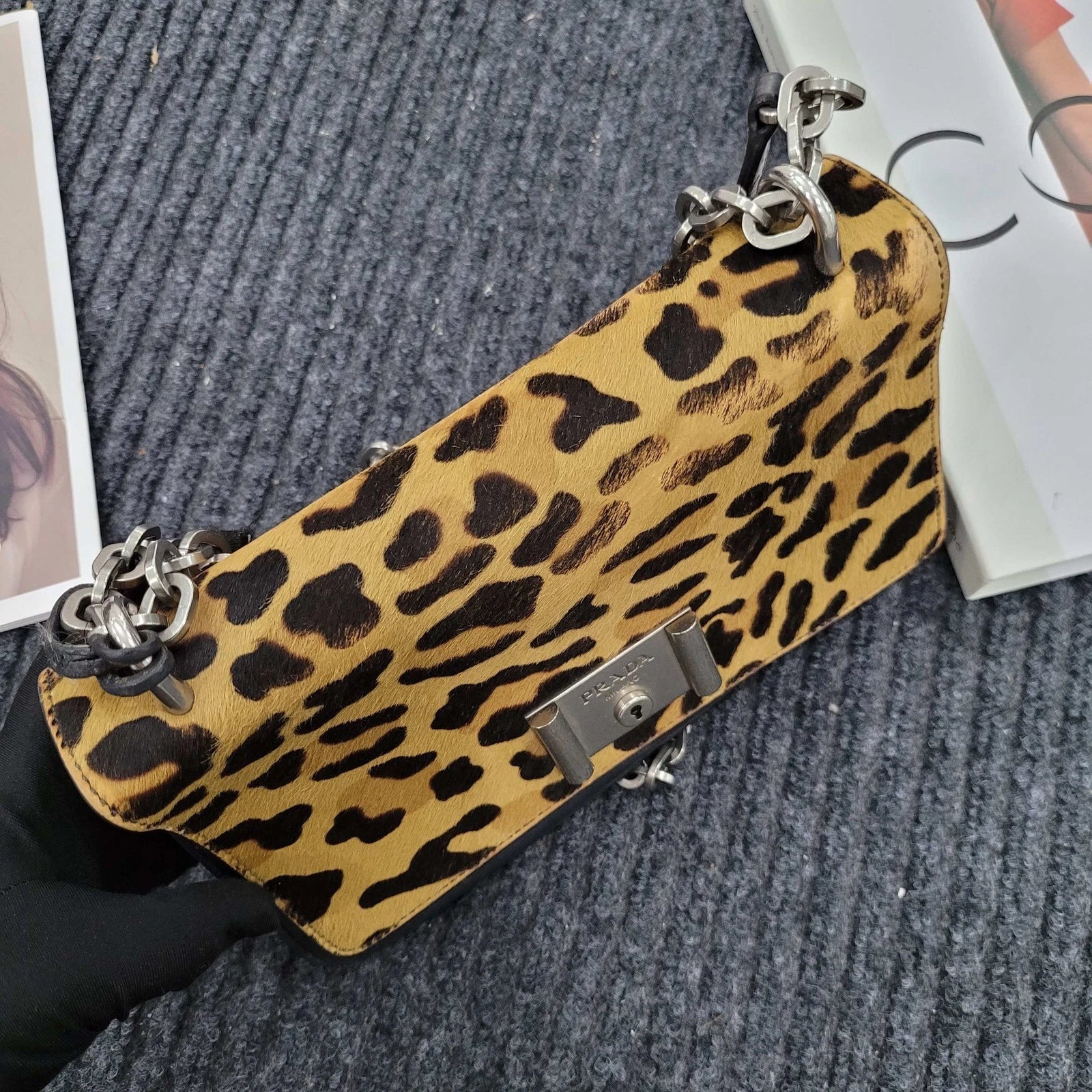Prada Leopard Print Horsehair Accordion Chain Bag For Women