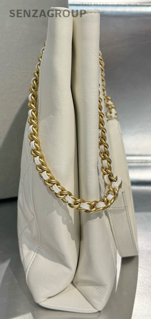 Chanel Calfskin Tote Chain Shoulder Bag White Gold Used Women Diamond Classic