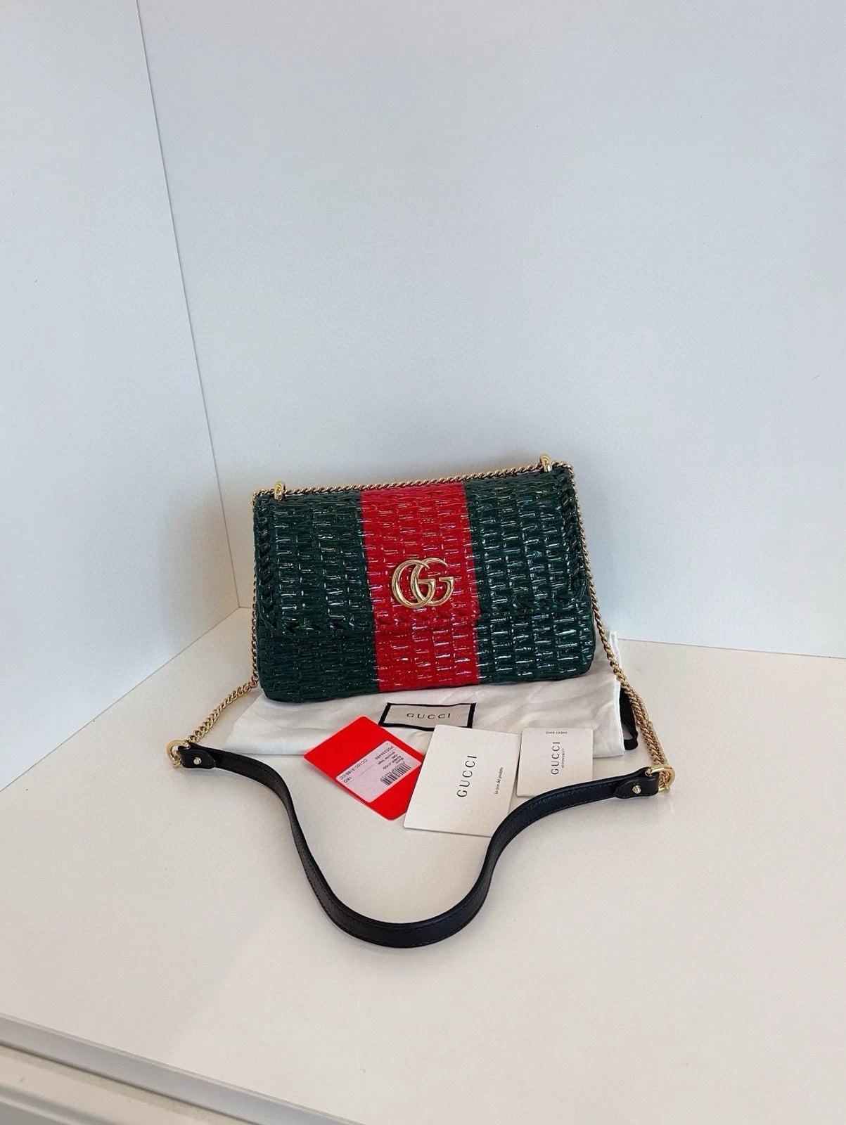 Gucci Women Green Red Striped Woven Chain Shoulder Bag