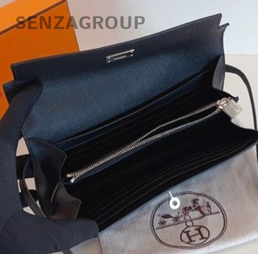 Hermes Kelly Long Wallet Epsom Leather Clutch Black Silver Women Classic Fashion